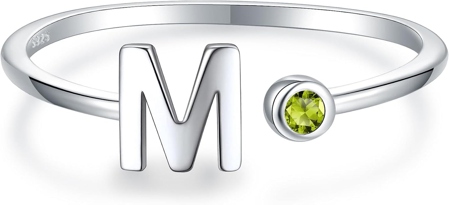 925 Sterling Silver Initial Letter Birthstone Rings for Women Adjustable 1-12 Month Birthstone Alphabet Stacking Ring for Teens Girls Stackable Birthstone Rings Birthday Jewelry Gift for Daughter Mom