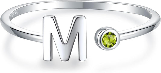 925 Sterling Silver Initial Letter Birthstone Rings for Women Adjustable 1-12 Month Birthstone Alphabet Stacking Ring for Teens Girls Stackable Birthstone Rings Birthday Jewelry Gift for Daughter Mom