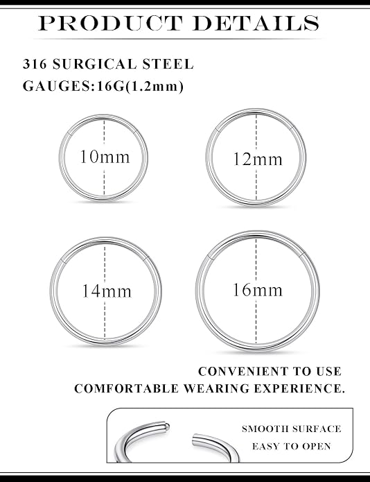 20G 18G 16G 14G 12G 10G 8G 6G Nose Rings Hoops 316l Surgical Steel Clicker Septum Lip Ring Tragus Helix Daith Rook Conch Snug Cartilage Lobe Earrings Hoop Piercing Jewelry For Women Men