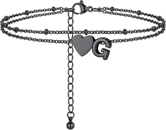 Initial Ankle Bracelets for Women, Dainty Stainless Steel Letter A-Z Layered Anklets, Heart Ankle Bracelet 8.5"-10.5" Adjustable, Summer Beach Jewelry, Come with Box