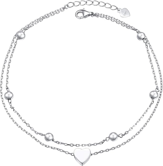 Flyow Anklet for Women S925 Sterling Silver Adjustable Foot Beaded Heart Charm Ankle Bracelet Anklets Jewelry