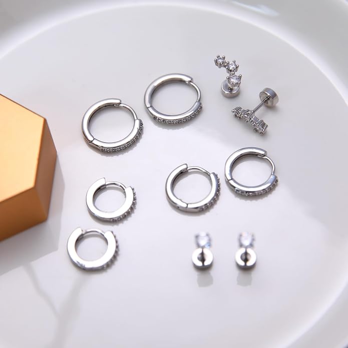 Stainless Steel Stud Earrings Set for Women Hypoallergenic Flat Back Cartilage Earrings Screw Back Huggie Hoop Earrings Multiple Piercing Cubic Zirconia Helix Tragus Jewelry