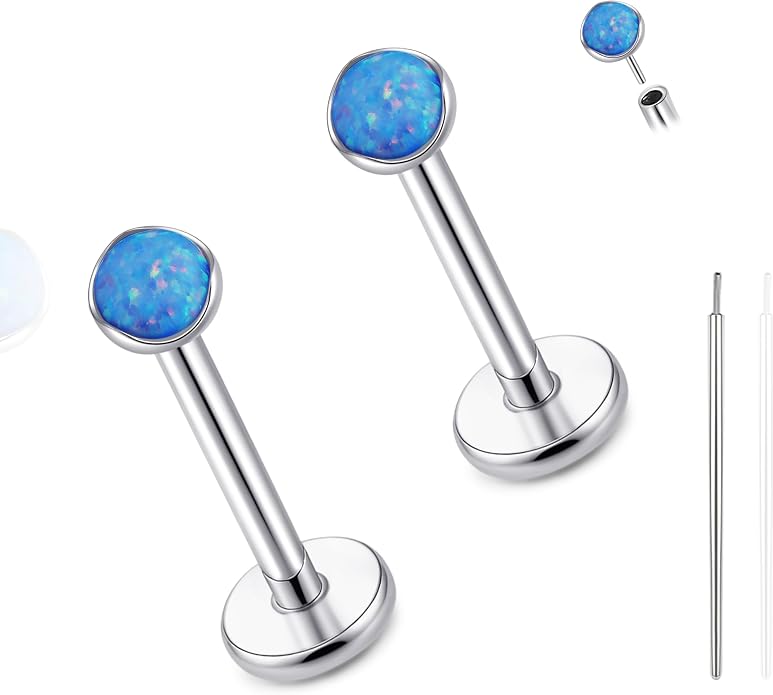 limerencia 18G Hypoallergenic Titanium Opal Threadless Nose Stud Earrings, 2PC Flat Back Push in Stud Earrings Labret Medusa Monroe Helix Cartilage Tragus Conch Piercing Jewelry for Women Men