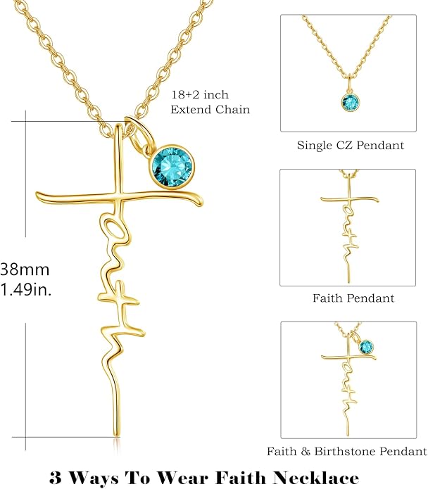 PRAYMOS Faith Cross Necklace for Women 925 Sterling Silver Pendant Necklace With Birthstone Initial Christian Religious Confirmation Baptism Mothers Day Gifts