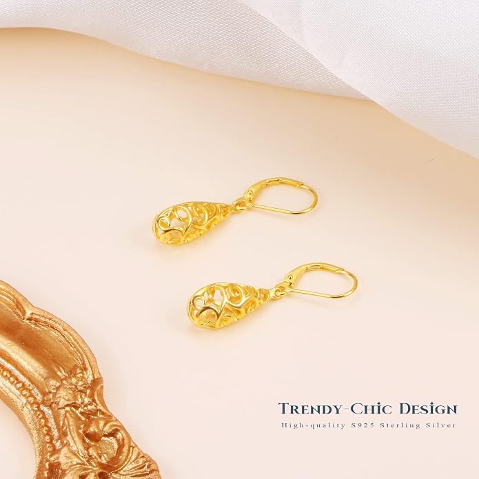 Sterling Silver Leverback Dangle Earrings for Women Teardrop Filigree 14K Gold Plated Dangly Earrings Mother’s Day Gift