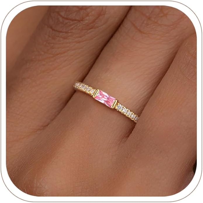 RLMOON Birthstone Gold Rings for Women Non Tarnish 14K Gold Plated Eternity Stackable Rings Dainty CZ Gemstone Engagement Rings Wedding Band Jewelry Gifts Size 4-10