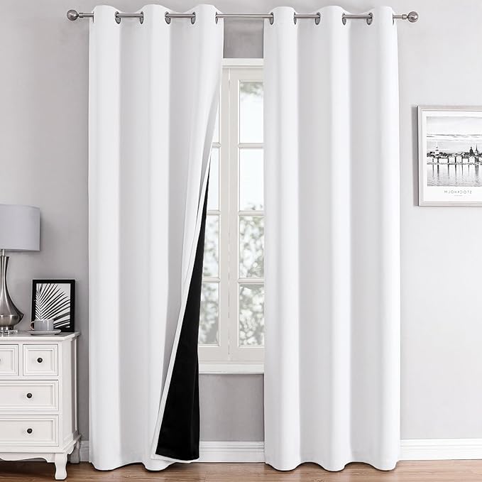 ChrisDowa White 100% Blackout Curtains for Bedroom 78 Inches Long 2 Panels | 2 Thick Layers, Thermal Insulated, Grommet, Window Treatment, Living Room Drapes with Black Liner, Pure White, 42 x 78 Inch