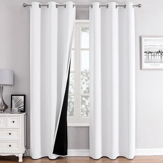 ChrisDowa White 100% Blackout Curtains for Bedroom 72 Inches Long 2 Panels | 2 Thick Layers, Thermal Insulated, Grommet, Window Treatment, Living Room Drapes with Black Liner, Pure White, 42 x 72 Inch