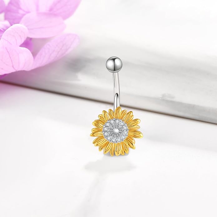 Sunflower Daisy Belly Button Ring Dangle Hoop 925 Sterling Silver Hypoallergenic Belly Button Piercing Body Navel Rings Sexy Belly Button Jewelry Gifts for Women (14G)
