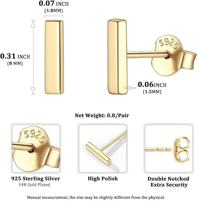 ChicSilver 925 Sterling Silver Earrings Dainty Bar/Circle/Triangle/Star/Ball Stud Earrings for Women with Gift Box, Hypoallergenic Earrings for Sensitive Ears