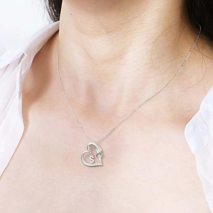 Infinity Heart Necklaces for Women, S925 Sterling Silver Initial Necklace Womens Jewelry Mothers Day Gifts Girls Valentines Gifts for Her Christmas Birthday Gifts for Women Mom Wife Girlfriend