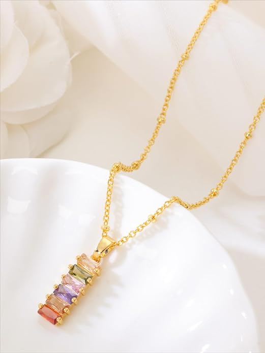 Rainbow Bar Pendant Necklace, Dainty Geometric 18K Gold Plated Colorful Zircon Necklace, Aurora-Inspired Jewelry for Women, Ideal Gift for Birthday Anniversary Holiday