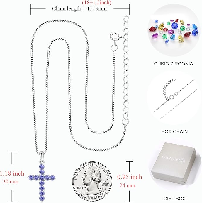 STARCHENIE Cross Necklace Sterling Silver Crucifix Pendant Gemstones Jewelry for Women
