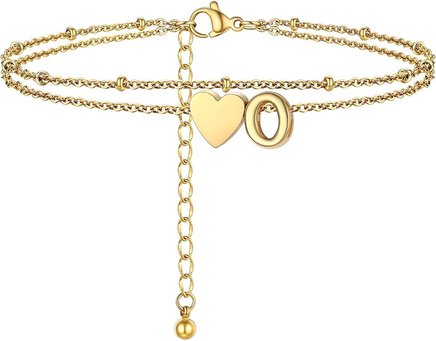 Initial Ankle Bracelets for Women, Dainty Stainless Steel Letter A-Z Layered Anklets, Heart Ankle Bracelet 8.5"-10.5" Adjustable, Summer Beach Jewelry, Come with Box