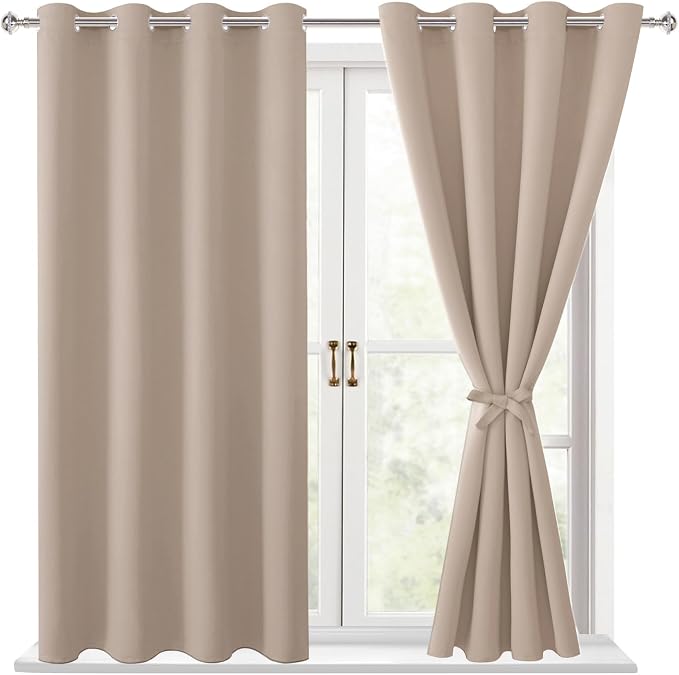 Hiasan Blackout Curtains for Bedroom, 52 x 54 Inches Long - Thermal Insulated & Light Blocking Window Curtains for Living Room/Kids Room, 2 Drape Panels Sewn with Tiebacks, Camel