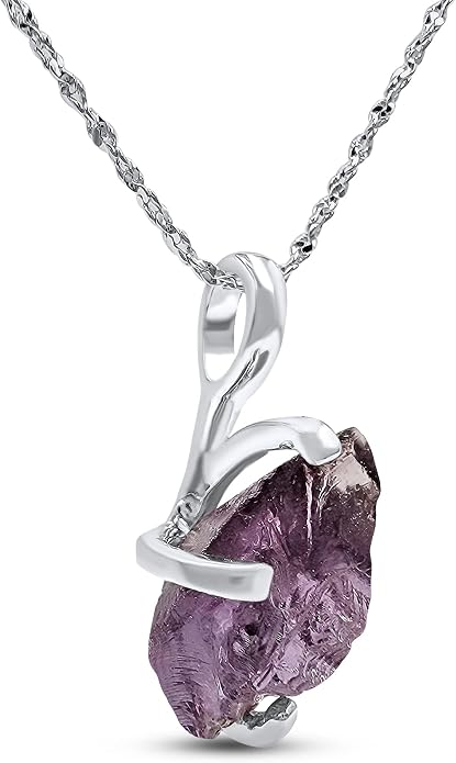 Natural raw gemstone pendant chain necklace with white gold over 925 solid sterling silver, birthstone dainty solitaire gift for her, uniquelan jewelry