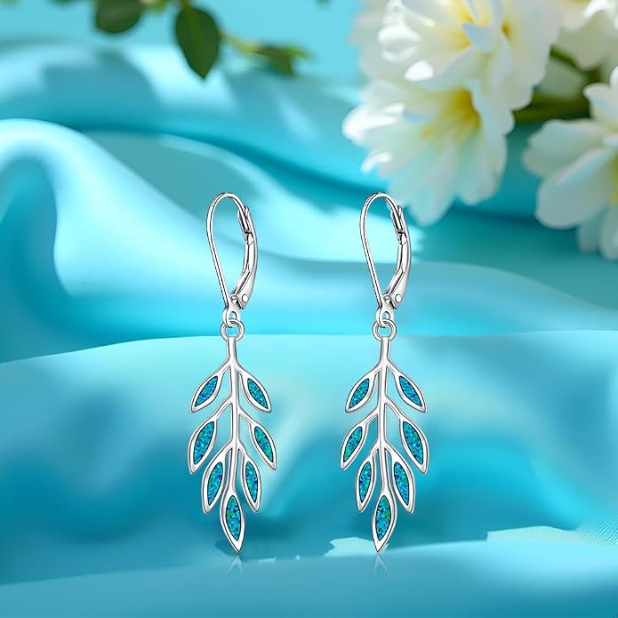 Leaf Earrings for Women Sterling Silver Opal Dangle Earrings Nature Green Blue Opal Drop Leaf Abalone Shell Jewelry Gifts