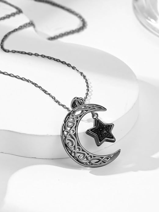 Dreamboat Sterling Silver Moon and Star Necklace Silver Crescent Moon Necklaces for Women Star Pendant Celestial Jewelry Gifts