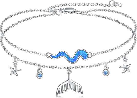 CRMAD Moonstone Moon/Star/Daisy/Turquoise/Rose Flower/Cat/Star/Hecate/Airplane/Pearl/Chakra/Rose Pearl/Butterfly/Wave/Starfish Anklet for Women Sterling Silver Anklet Irish Jewelry