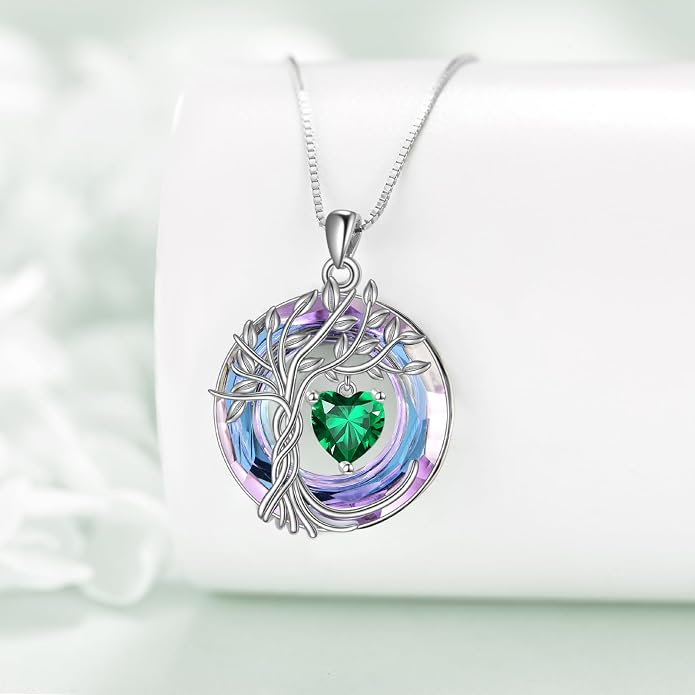 POPLYKE Mothers Day Gifts for Mom Her Wife Tree of Life Necklace 925 Sterling Silver Birthstone Pendant with Crystal Anniversary Birthday Wedding Jewelry for Women