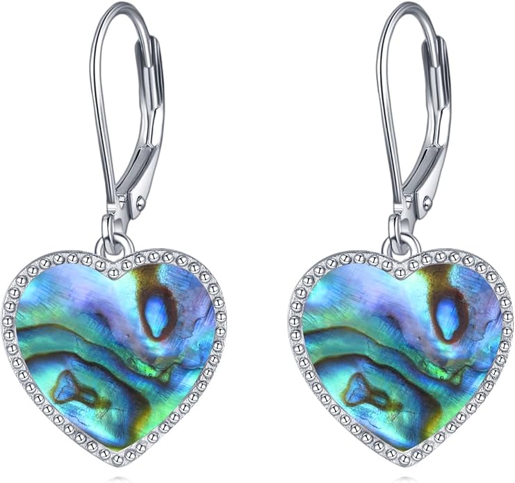 Mother of Pearl/Black Onyx/Abalone Shell Heart Leverback Dangle Earrings Sterling Silver Fashion Jewelry Gifts for Women