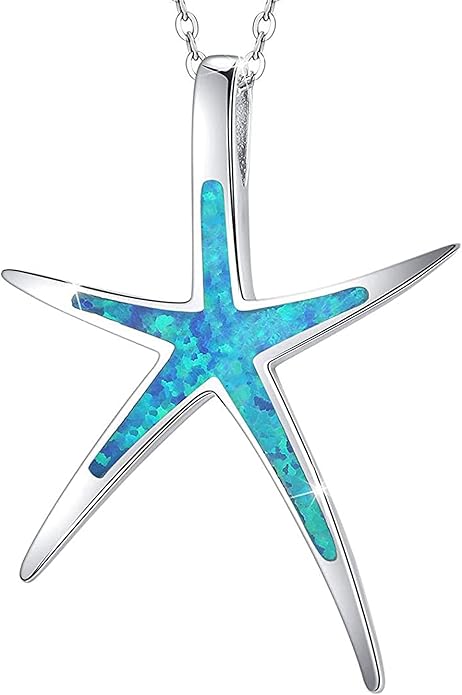 Cuoka Starfish Necklace, 925 Sterling Silver with Opal, Hawaiian Beach Nautical Ocean Pendant, Starfish Jewelry Opal Jewelry Valentine for Women Girlfriend