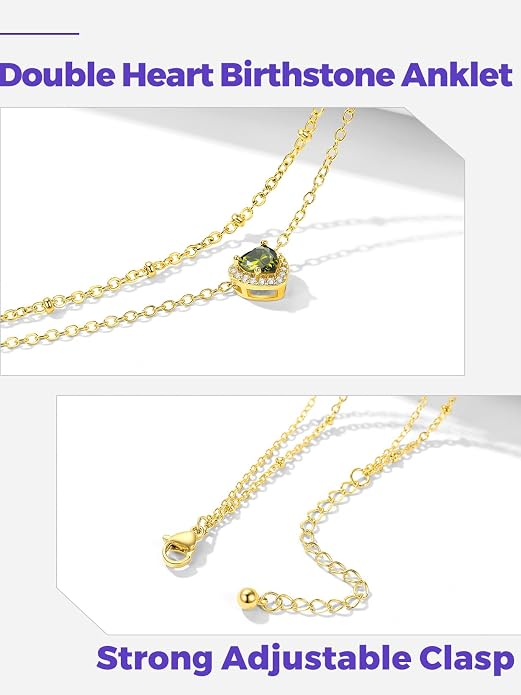 Richsteel Double Layer Heart/Butterfly Birthstone Anklet for Women Non Tarnish Waterproof, Silver/Gold/Black Stainless Steel 8.5-10.5 Inch Adjustable Chain Anklets Jewelry Gifts for Her