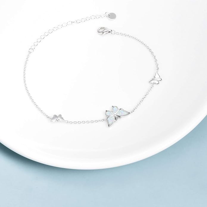 WINNICACA Sterling Silver Butterfly Bracelet Anklet Created Opal Butterfly Jewelry Gifts for Women Birthday Christmas Day Gifts