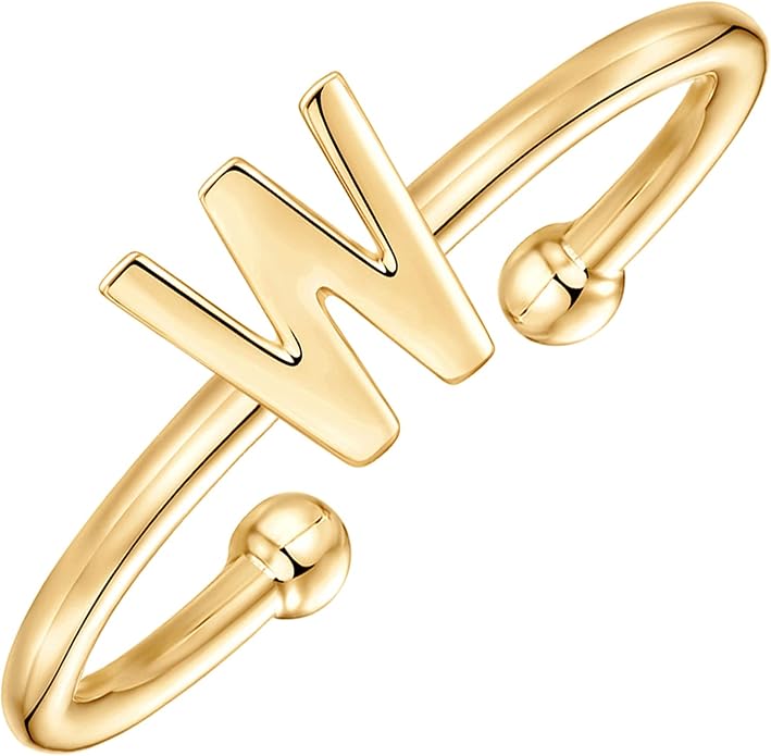 PAVOI 14K Gold Plated Initial Letter Adjustable Ring for Women - Thin Initial Band - Dainty Fashion Jewelry Gifts