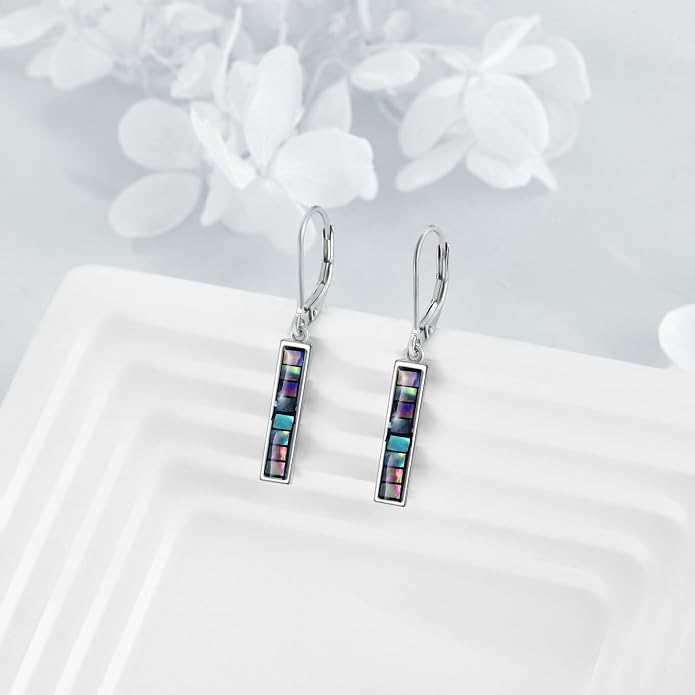 CRMAD Abalone Shell Bar Earrings for Women Sterling Silver Leverback Earrings Abalone Jewelry Gift