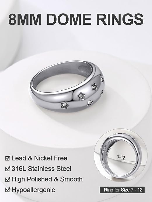 GOLDCHIC JEWELRY Chunky Dome Ring for Women, Stainless Steel Bold Stacking Croissant Statement Ring For Men (Size 7-12, Custom)