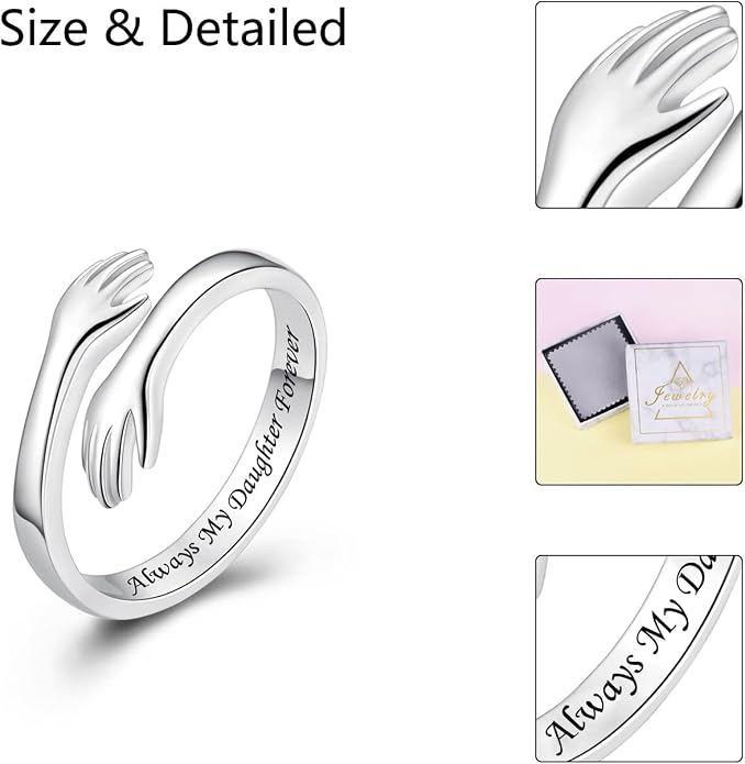S925 Sterling Silver Hug Rings for Women Teen Girls Adjustable Ring for Granddaughter Daughter Hope Promise Friendship Hand Ring Jewelry for Birthday Graduation Christmas Mothers Day Valentines Gifts