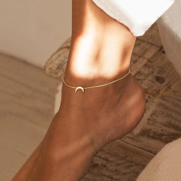 ChicSilver Personalized 925 Sterling Silver Tiny Heart/Moon/Star/Sun/Dot/Triangle Anklets Simple Dainty Foot Jewelry for Women, Silver/Gold Plated/Rose Gold Plated