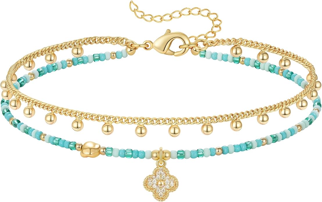 KissYan Layered Beaded Anklet for Women, 14K Summer Shell Charm Ankle Bracelet, Boho Beach Jewelry Gifts