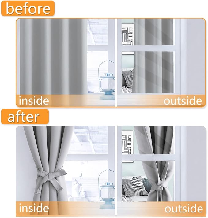 Hiasan Blackout Curtains for Bedroom, 52 x 54 Inches Long - Thermal Insulated & Light Blocking Window Curtains for Living Room, 2 Drape Panels Sewn with Tiebacks, Silver Grey