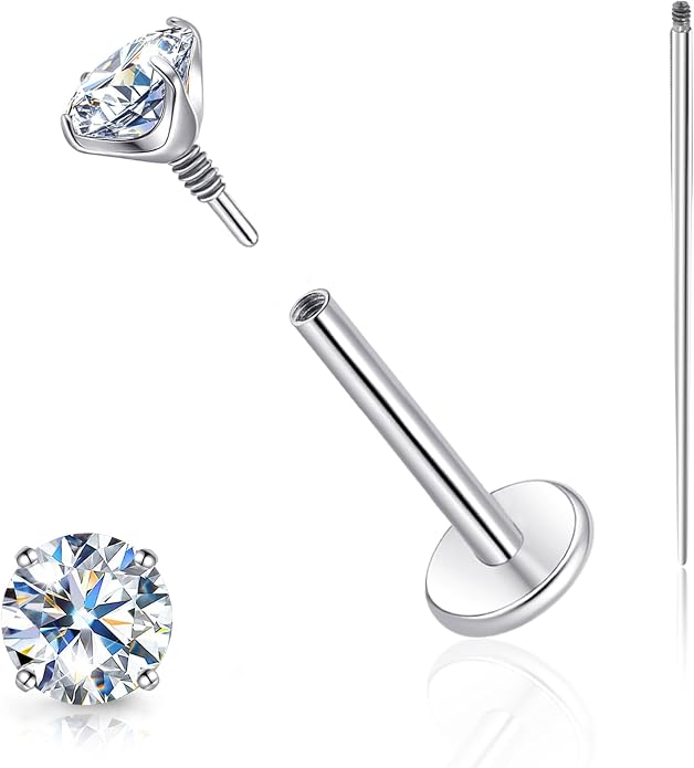 Limerencia Moissanite Internal Thread 18G Titanium Earrings, Hypoallergenic F136 Titanium Flat Back Piercing Studs, VVS1 Lab-created Moissanite Studs for Women Men Tragus Helix Cartilage Conch Labret