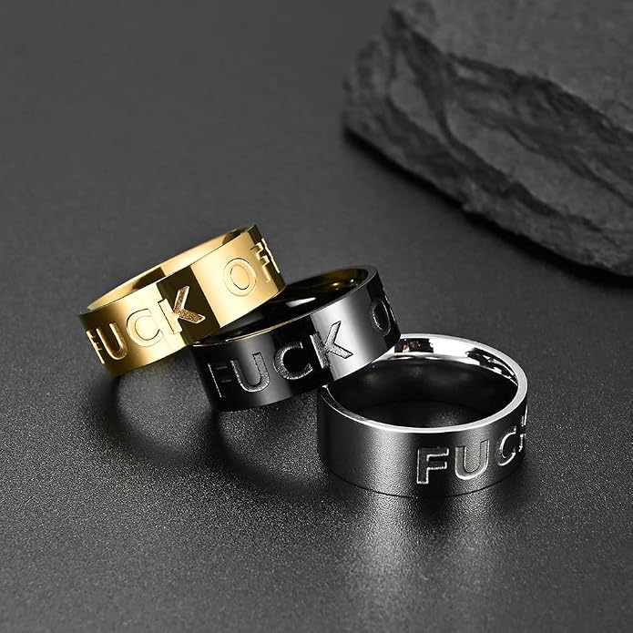 Men's Stainless Steel Cool Personalized Ring Engraved Fuck Off Inspirational Band Silver Gold