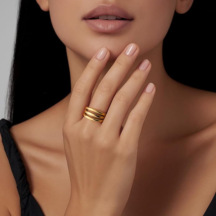 MPRAINBOW Chunky Gold Rings for Women - 18K Gold Plated Ring,Non-Tarnish Stainless Steel Statement Band Trendy Jewelry Gift,Party Prom Christmas Valentines Day Birthday Gifts for Girlfriend Sister