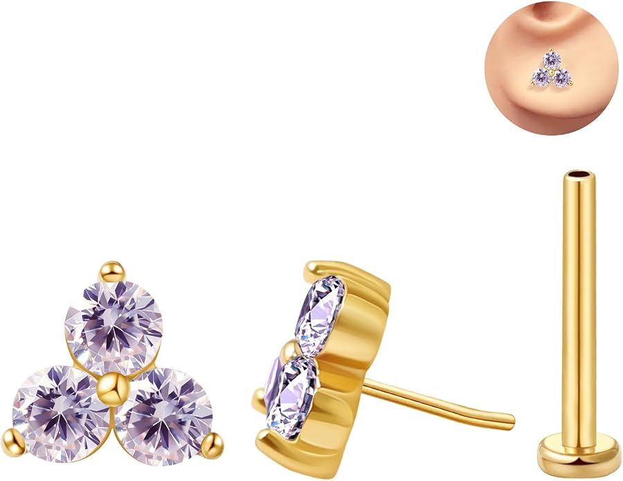 FANSING Cartilage Earring Tragus Stud Trio CZ Stone Flat Back Earring for Helix Conch Threadless Push Pin Labret Stud