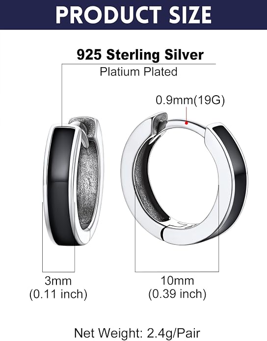 Bandmax 925 Sterling Silver Black Huggie Hoop Earrings 10mm Small Hypoallergenic Cartilage Piercing Jewelry for Women Men Gift
