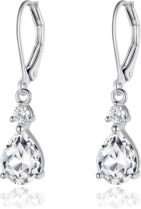 925 Sterling Silver Blue Topaz/Amethyst/Rainbow Quartz CZ Teardrop Leverback Earrings Drop Dangly Gemstone Earings Hypoallergenic Birthday Jewelry Gifts for Women
