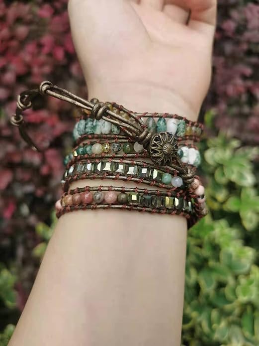 Women Wrap Bracelet Boho Natural Jasper Crystal Stone Beads Strand Bracelets