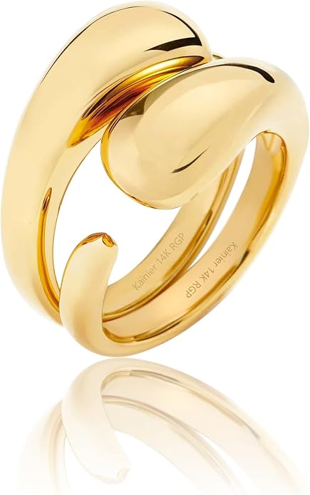 Kainier 14K Gold Chunky Rings for Women14K Gold Plated Dainty Radial Rings High Polish Statement Band Classic Double Twisted Ring Comfort Fit Size 5 to 10