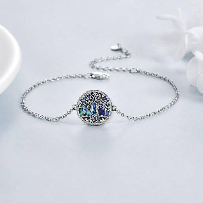 ONEFINITY Tree of Life Bracelet Sterling Silver Abalone Shell/Blue Opal/Turquoise/Malachite Tree of Life Jewelry Gifts for Women