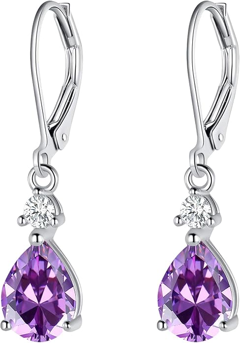 925 Sterling Silver Blue Topaz/Amethyst/Rainbow Quartz CZ Teardrop Leverback Earrings Drop Dangly Gemstone Earings Hypoallergenic Birthday Jewelry Gifts for Women