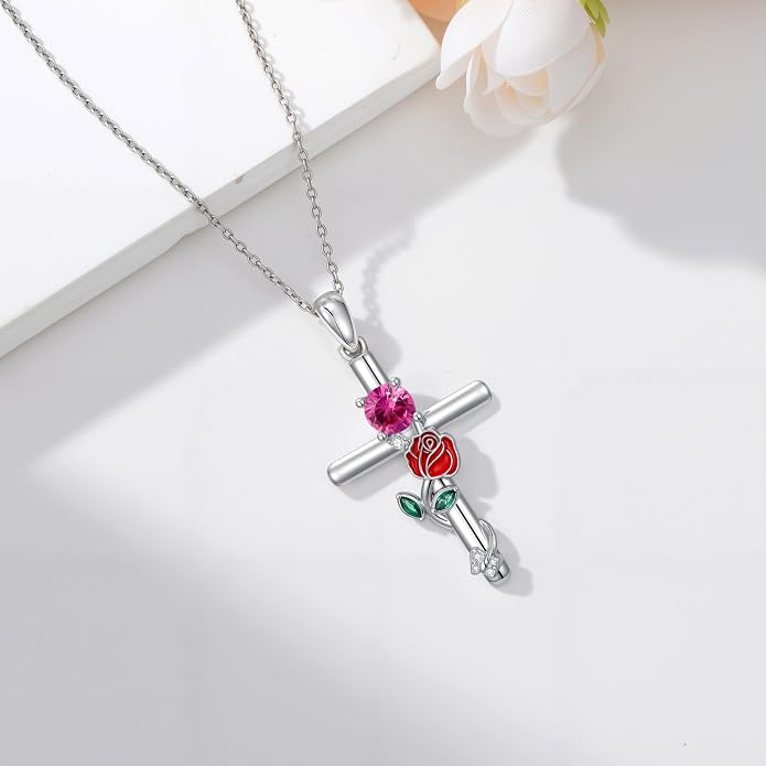 Birthstone Cross Necklace 925 Sterling Silver Rose with Butterfly Birthstone Cross Pendant Necklace Jewelry Gifts for Women Birthday Christmas