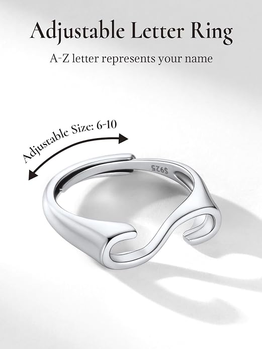 SILVERCUTE 925 Sterling Silver Initial Rings for Women,Adjustable Capital Letter Ring Hypoallergenic,Minimalist 925 Silver Rings for Mother Daughter