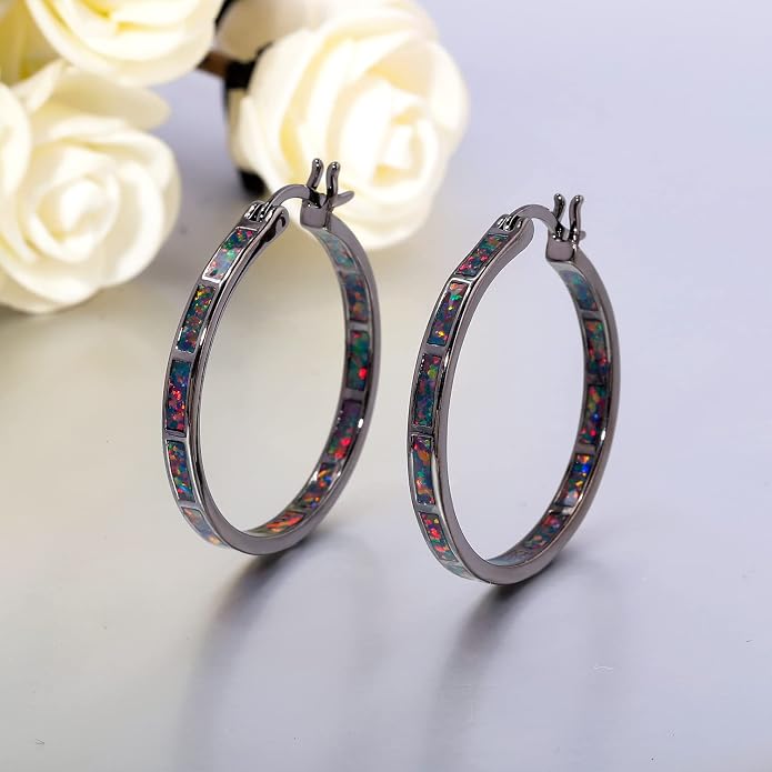 CiNily Opal Hoop Earrings,Women Jewelry Rhodium Plated/Rose Gold or Yellow Gold Plated Gemstone Big Hoop Earrings 32mm