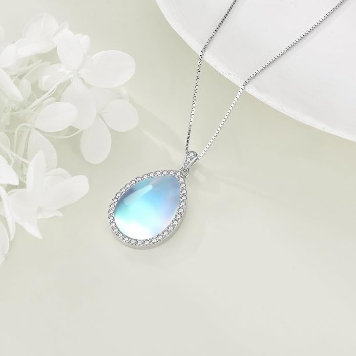 YAFEINI 925 Sterling Silver Moonstone Necklace Filigree Teardrop Pendant Necklace Jewelry for Women Girls