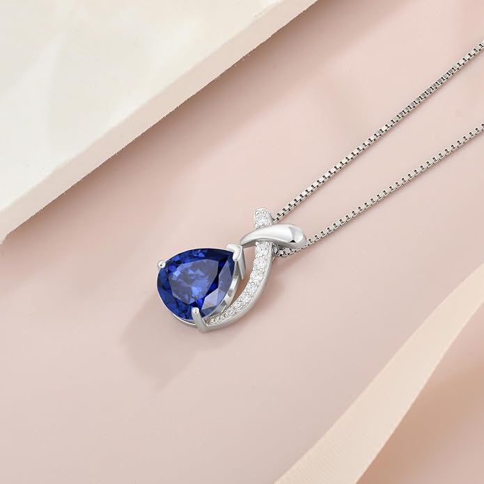 Teardrop Birthstone Necklace for Women,925 Sterling Silver Pear Cut Zircon Gemstone Pendant Necklace for Birthday Engagement Anniversary Wedding Jewelry